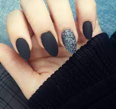 Matte Black Nails And Holo Glitter Black Nails With Glitter Acrylic Nails Almond Matte Matte Black Nails