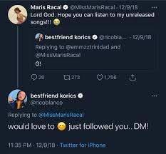 Nahihiya lang po ako sa mga kasama ko, racal said in a digital conference for two upcoming episodes of maalaala mo kaya in june. Kapamilya Online World On Twitter Look Maris Racal From Fan Girl To Girlfriend Manifested Almost 4 Years Before Maris Racal Shared Her Duet With Rico Blanco She Tweeted This To The