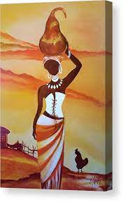 African Woman Carrying Calabash On Head Hut And Chicken Canvas Print Canvas Art By Loraine Yaffe In 2021 African Art Paintings African Drawings Africa Art