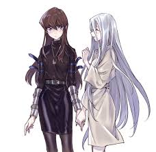 maruchi, kaiba seto, kisara (yu-gi-oh!), yu-gi-oh!, yu-gi-oh! duel  monsters, black legwear, silver hair, bad id, bad pixiv id, 2girls, ^ ^,  arm belt, belt, black dress, blue eyes, blush, breasts, brown hair,