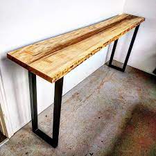 Curly Maple Live Edge Console Table On Raw Steel Legs By Barnboardstore Com Live Edge Table Wood Console Table Live Edge Console Table