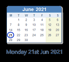 172nd day of the year. June 21 2021 Calendar With Holiday Info And Count Down Ind