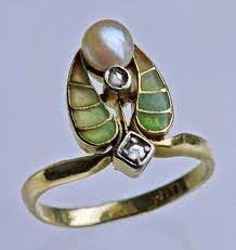 Jugendstil Ring Gold Plique A Jour Enamel Pearl Diamond Origin German C 1900 Art Nouveau Jewelry Art Noveau Jewellery Art Nouveau Ring