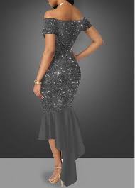 Off The Shoulder Sequin Embellished Dark Grey Sheath Dress Modlily Com Usd 32 85 Dresses Grey Sheath Dress Fashion Dresses Online