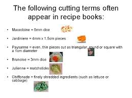 Macedoine  peel and wash the vegetable, then regularize its shape into a rectangle or square by topping and tailing it and squaring off the sides. The Use Of Knives In Catering Identify The