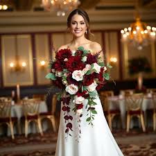 deep burgundy dahlias and roses wedding flowers
