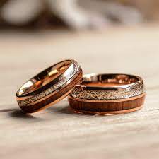 Match His And Hers Rose Gold Tungsten Rings With Meteorite And Wood Inlay Wood Wedding Bands Gold Tungsten Ring Rose Gold Tungsten Wood Wedding Band