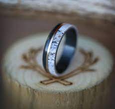 The Tanner Narrow Black Zirconium Ring With 14k Yellow Gold Inlay And Antler Over Custom Wedding Rings Mens Wedding Rings Black Diamond Engagement Ring Set