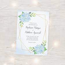 Modern Geometric Blue Hydrangea Wedding Invitation Zazzle Com In 2021 Hydrangeas Wedding Hydrangea Wedding Invitations Blue Hydrangea Wedding