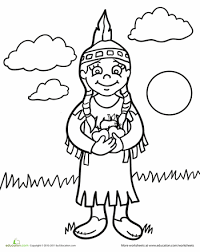 Color The Native American Girl Worksheet Education Com Native American Girls Native American Crafts Thanksgiving Coloring Pages