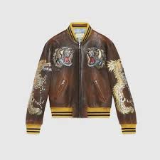 Gucci Leather Bomber Jacket With Intarsia Gucci Cloth Men S Bombers Leather Jackets Leather Bomber Jacket Mens Leather Bomber Jacket Bomber Jacket