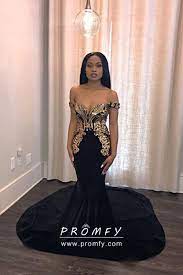 Gold prom dresses and gowns for your next event wear a gold dress to radiate elegance and glamour at your next special occasion. Gold Sequin Off Shoulder Black Mermaid Prom Dress Promfy