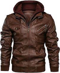 Jyg Men S Faux Leather Motorcycle Jacket With Removable Hood Brown Faux Leather Jacket Men Brown Leather Motorcycle Jacket Leather Jacket Men