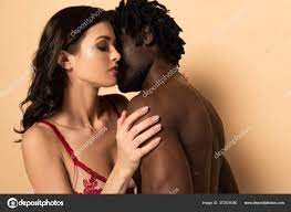 Shirtless African American Man Hugging Kissing Attractive Sexy Woman Beige  Stock Photo by ©IgorVetushko 372539380
