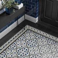 Choosing a tile for the floor that suits your space and interior is important so that it compliments and flows with their wipe clean properties make for a practical yet stylish choice. Pamplona Black White Blue Pattern 200x200 Victorian Hallway Tiles Victorian Hallway Hallway Tiles Floor