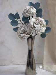 Three Book Page Roses And Silver Dollar Paper Eucalyptus Branch Gift Bouquet Paper Flower Centerpieces Book Page Roses Gift Bouquet
