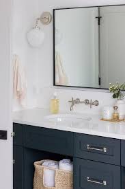 Dark Blue Bath Vanity With Gold Knobs Transitional Bathroom