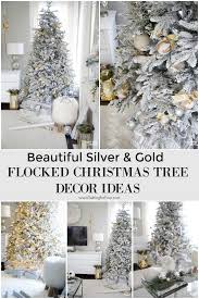 White and silver decorated christmas tree. Silver Gold Flocked Christmas Tree Decorations Setting For Four