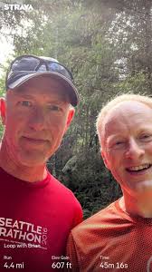 Easy forest trail with a distant bud! STRAYA SEATTLEG ATHON LoopwithBrian  FRASA Loop with Brian. Run mi Elev ElevGain Gain 607 ft Time 45m 45m16s 16s