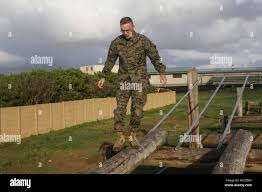 A U.S. Marine with Marine Corps Forces, Pacific runs the obstacle course  during morning physical training at Landing Zone Boondocker, Marine Corps  Base Hawaii, April 14, 2018. The Marines from MARFORPAC were