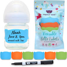 Stretchy Bear Reusable Baby Bottle Labels For Daycare Blue Green Orange 6 Pack
