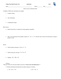Complete all questions and hand in by the end of the 4. 2 2 Quadratic Functions Y
