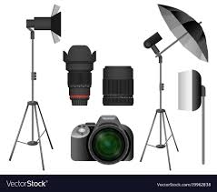 Modern Camera With Lenses And Lighting Equipment Vector Image