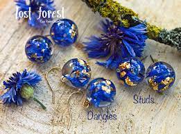 Blue Cornflower Gold Leaf Eco Resin Earrings Flower Resin Jewelry Resin Crafts Resin Jewelry Making