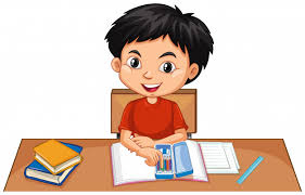 Un niño feliz haciendo la tarea en el escritorio | Vector Premium