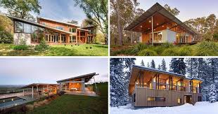 16 Examples Of Modern Houses With A Sloped Roof Modern Bungalow House Modern Lake House Modern House