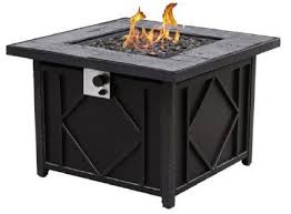 Easy access door on the side for gas tank exchange. 35 Square Cast Stone Tabletop Gas Fire Pit Big Horn Outdoor Life