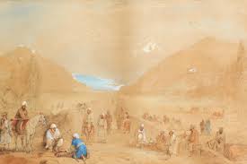 Bonhams : James Atkinson (British, 1780-1852) Entrance into the Kajak Pass from Parush; The First Descent through the Kajak Pass; The Entrance into Caubul from Killa-Kazee; A Street in the Bazar at