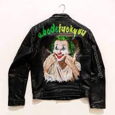 My Mother Always Tells Me To Smile And Put On A Happy Face The Joker Jacket Joker Acbdefuckyou Handpainte Joker Jacket Jackets Painted Leather Jacket