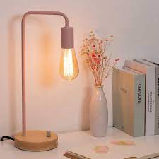Haitral Industrial Desk Lamp Pink Table Lamp With Wooden Base Minimalist Bedside Lamp For Girl Room Table Lamps For Bedroom Desk Lamp Design Pink Table Lamp