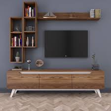 Rani D1 Duvar Rafli Kitaplikli Tv Unitesi Duvara Monte Dolapli Ahsap Ayakli Tv Sehpasi Ceviz Beyaz In 2020 Tv Room Design Tv Cabinet Design Living Room Tv Unit Designs