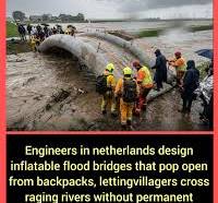 Inflatable flood bridge for emergency crossings