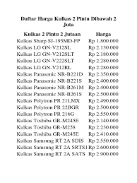 Kapasitas dan ukuran yang lebih besar menjadi alasan dapat menampung lebih banyak makanan. Daftar Harga Kulkas 2 Pintu Dibawah 2 Juta