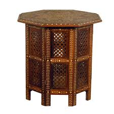 Really pretty oval morrocan brass tabletop or tray with an interesting folding wooden base. Bone Inlay Octagonal Moroccan Table Small Inlaid Side Table