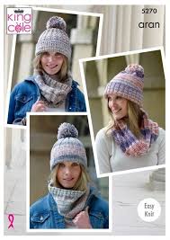 King Cole Drifter Aran Pattern 5270 Snoods Hats Crochet Snood Knitting Patterns Knitting