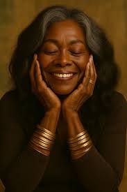 An ultra-glamorous, high-fashion digital portrait of a confident Black  woman sitting against a luxurious golden velvet backdrop. She has an  enormous, perfectly rounded afro that dominates the scene, creating a halo  effect