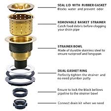 Brass round bottle p trap, basin sink waste trap drain tube kit adjustable height, brushed nickel finished. Buy Kone 3 1 2 Inch Gold Sink Drain Durable Stainless Steel Brass Kitchen Sink Drain Assembly Kit With Sink Strainer Waste Basket Strainer Assembly Sealing Lid For Standard Kitchen Sink Online In Indonesia B08twp8f2b