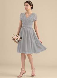 Us 117 00 A Line Princess V Neck Knee Length Chiffon Lace Bridesmaid Dress Jj S House Cocktail Dress Lace Lace Bridesmaid Dresses Chiffon Lace