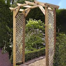 Wooden garden arches often have a lattice design or a gabled roof, typically in various natural finishes or painted white. Dalton Wooden Curved Garden Arch Harrod Horticultural