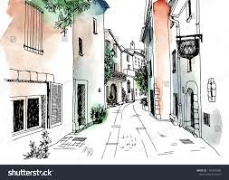 Old Town Street In Hand Drawn Sketch Style Vector Illustration Small European City France Urban Landscape On How To Draw Hands Watercolor City City Sketch