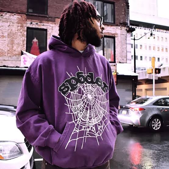 Street-style fit showcasing a Sp5der web hoodie styled in a city environment., AI generated