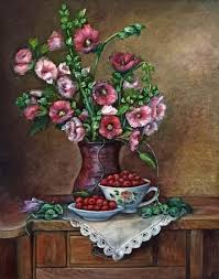 Oil painting flowers in vase. Hollyhocks Flowers Bouquet In Vase Oil P Painting By Natalja Picugina Artmajeur