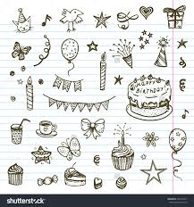 Birthday Cake With Balloons Drawing Birthday Elements Hand Drawn Set With Birthday Cake Balloons Gift And Festive Attributes Children Drawing Doodle Collection El Cizimleri Doodle Desenler
