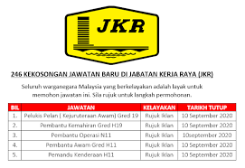 Jun 24, 2021 · menteri besar datuk seri wan rosdy wan ismail berkata status pembinaan jalan sepanjang 52.55 kilometer itu dimaklumkan oleh jabatan kerja raya (jkr) pahang pada mesyuarat majlis mesyuarat kerajaan. 246 Kekosongan Jawatan Baru Di Jabatan Kerja Raya Jkr