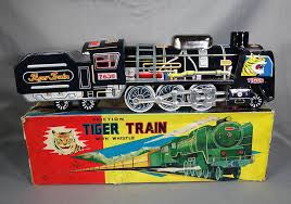 Vintage Daya Japan Tin Toy Friction Steam Locomotive Tender Tiger Train In Box Tin Toys Train Whistle Retro Toys
