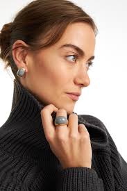 Gold-plated drop earrings with grey enamel ALEXIS